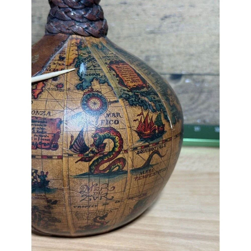 Vintage Italian Leather Wrapped Decanter Old World Map Globe Italy Dragon Ships